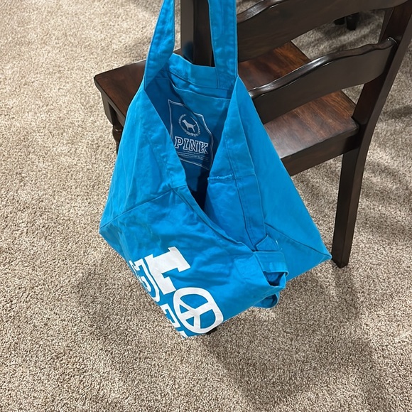 PINK Victoria Secret LOVE PINK Canvas Tote Beach Style Blue Shoulder Bag - Picture 7 of 13